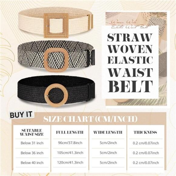 3 Pieces Straw Woven Elastic Waist Belt for Women Bohemian Dress Braided main image 4
